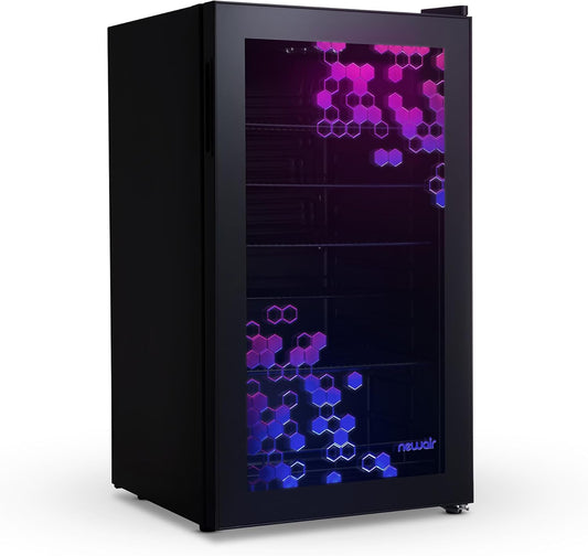 NewAir 126 Can Beverage Fridge with LED Color Changing Door | Prismatic Series Beverage Refrigerator with RGB HexaColor LED Lights, Mini Fridge for Gaming, Game Room, Party Festive Holiday Fridge