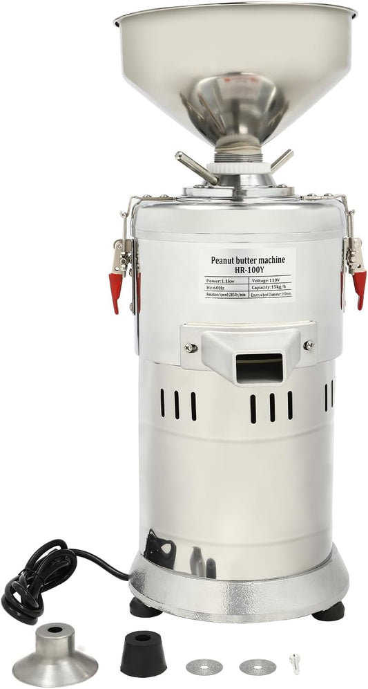 Peanut Butter Machine, 110V 1100W Electric Grain Grinder Peanut Butter Maker with Lockers, Commercial Nut Butter Machine Sesame Sauce Grinder, 33.07 lbs Large Capacity for Groundnut, Almond