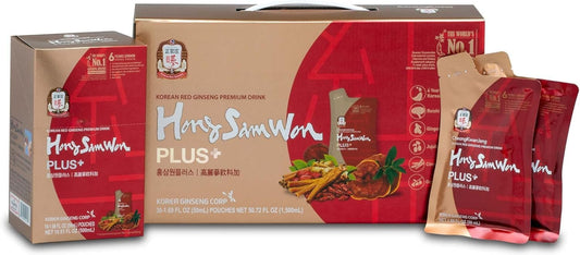 HongSamWon Plus Korean Red Ginseng Premium Drink | Energy Drink, Pre Workout, Herbal Tea | Korean Red Ginseng Extract 360mg, Reishi Mushroom, Ginger, Cinnamon, Gojiberry | Vegan Friendly | 30 Count