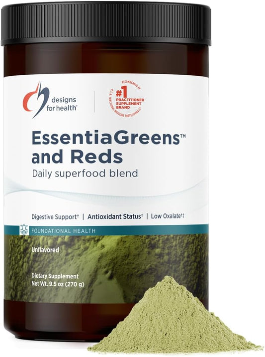 Designs for Health EssentiaGreens and Reds (Unflavored, 30 Servings), Vegan Superfood Powder with Spirulina, Kale, Apple & More, for Daily Nutrition and Digestive Health