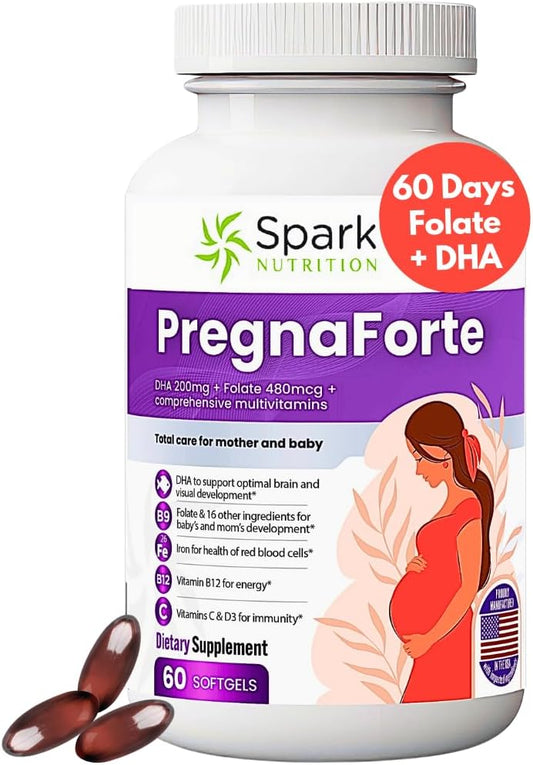 Pregnaforte 1 a day Prenatal vitamins for women 2 month: Folic acid, Fish Oil Omega 3 DHA\/EPA, Vitamin D3, B6, Vitmain B12, C, E, Calcium, Iron, Magnesium, Zinc supplement FSA HSA eligble multivitamin