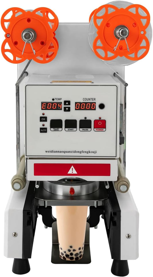 LyeXD 350W Cup Sealing Machine, Full Automatic Cup Sealer Machine Digital Control LCD Panel Cup Sealer,Electric Tea Cup Sealing Machine for Plastic and Paper Cup with a Height within 7.09in (White)