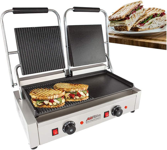 ALDKitchen Panini Sandwich Press Grill with Adjustable Temperature Control Double head 9'x9" (ribbed/plain)