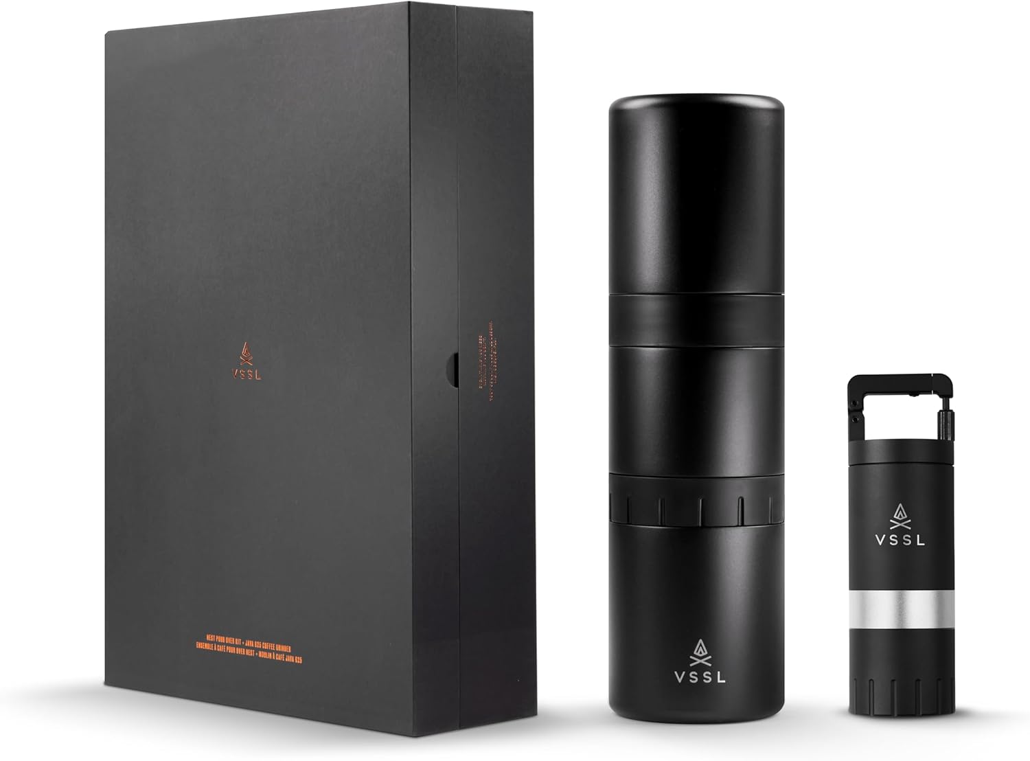 VSSL Nest Pour Over Coffee Kit + Java G25 Grinder Gift Set, Contains Two 10 Oz Mugs, Splash Proof Lid, Pour Over Coffee Dripper, Java G25 Grinder and Storage Connector, Black