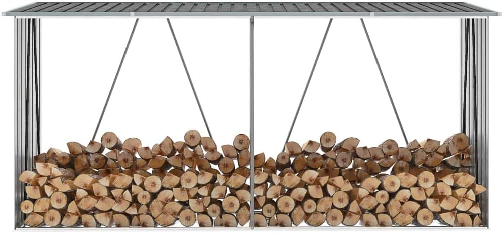 Garden Log Storage Shed, Galvanized Steel Firewood Rack, Outdoor Wood Holder for Fire Logs, 129.9"x33.1"x59.8" Gray Metal Steel Lumber Storage