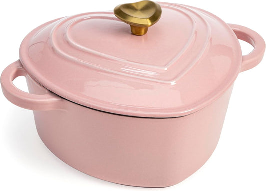 Paris Hilton Enameled Cast Iron Dutch Oven Heart-Shaped Pot with Lid, Dual Handles, Works on All Stovetops, Oven Safe to 500°F, 2-Quart, Pink