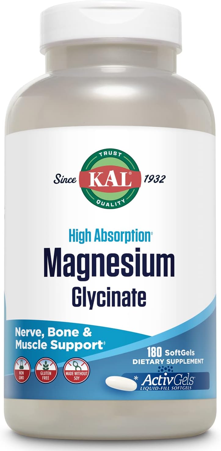 KAL Magnesium Glycinate ActivGels 315mg, Fully Chelated, High Absorption Magnesium Supplement for Relaxation, Muscle & Bone Support, Non-GMO, Gluten Free, 60 Servings, 180 Softgels