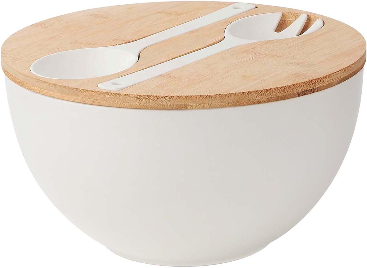 ECOHAGOU 11.3" Extra Large Salad Serving Bowl Set with Wooden Lid&Utensils, 6.5Qt., Bamboo Fiber Salad Bowl with Servers for Kitchen, Lightweight Big Bowl for Mixing Salad,Fruit,Pasta - Matte White