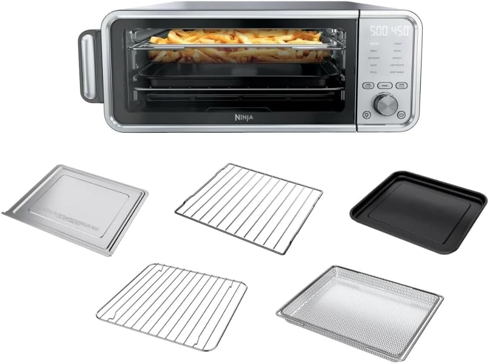 Ninja Flip 10-in-1 Countertop Oven & Air Fryer, 17-Qt Family Size, 1800W, Digital Display, Fits 2 Pizzas or 6-lb Chicken, Flip-Away Space Saver – Stainless Steel (Model FT405CO)