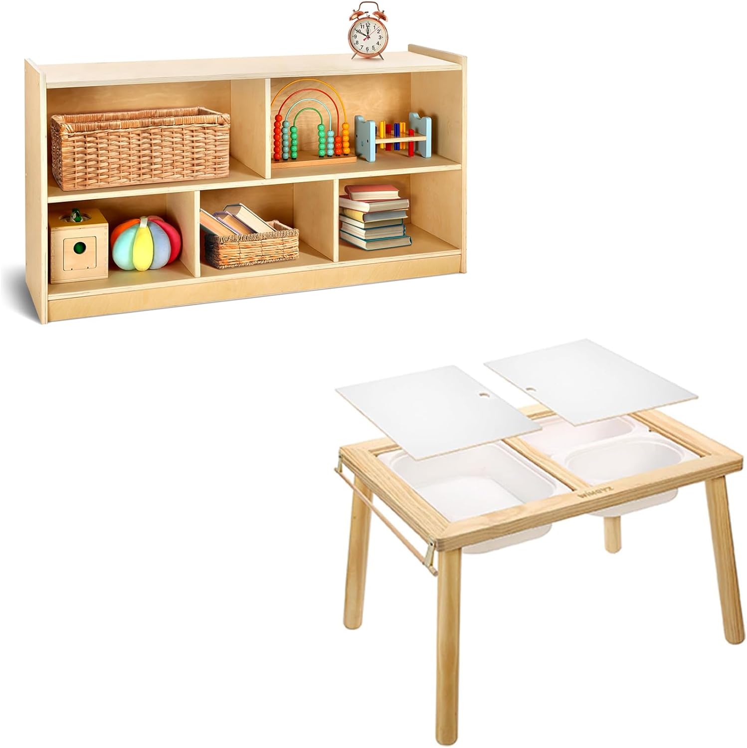 wingyz 5-Section Wooden Storage Cabinet + Multi-Function Sensory Tables for Toddler