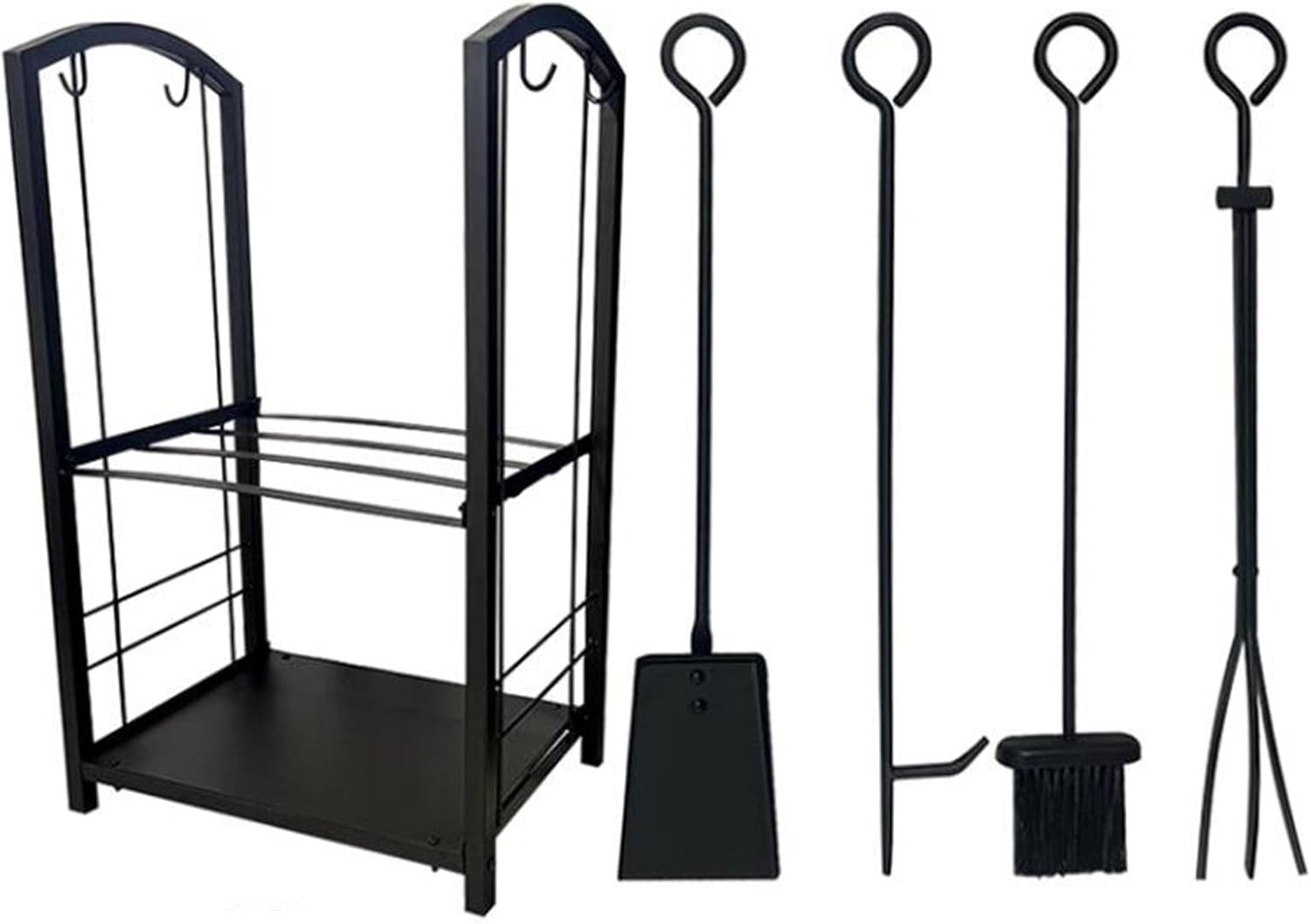 Indoor Outdoor Fireplace Tools Set, Heavy Duty Fire Log Holder Storage Kit with Poker Shovel Tongs Brush, Wrought Iron Firewood Storage Rack