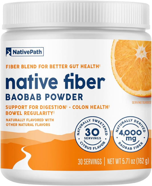 NativePath Organic Baobab Prebiotic Fiber Powder - Digestive Health Supplement - Natural Orange Flavor, 30 Servings