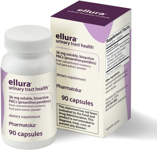 ellura 36mg Clinically Proven Soluble, Bioactive PACs \u2013 100% Concentrated Cranberry Fruit Juice Extract, for UTI Support & Urinary Tract Health, 90 Capsules.