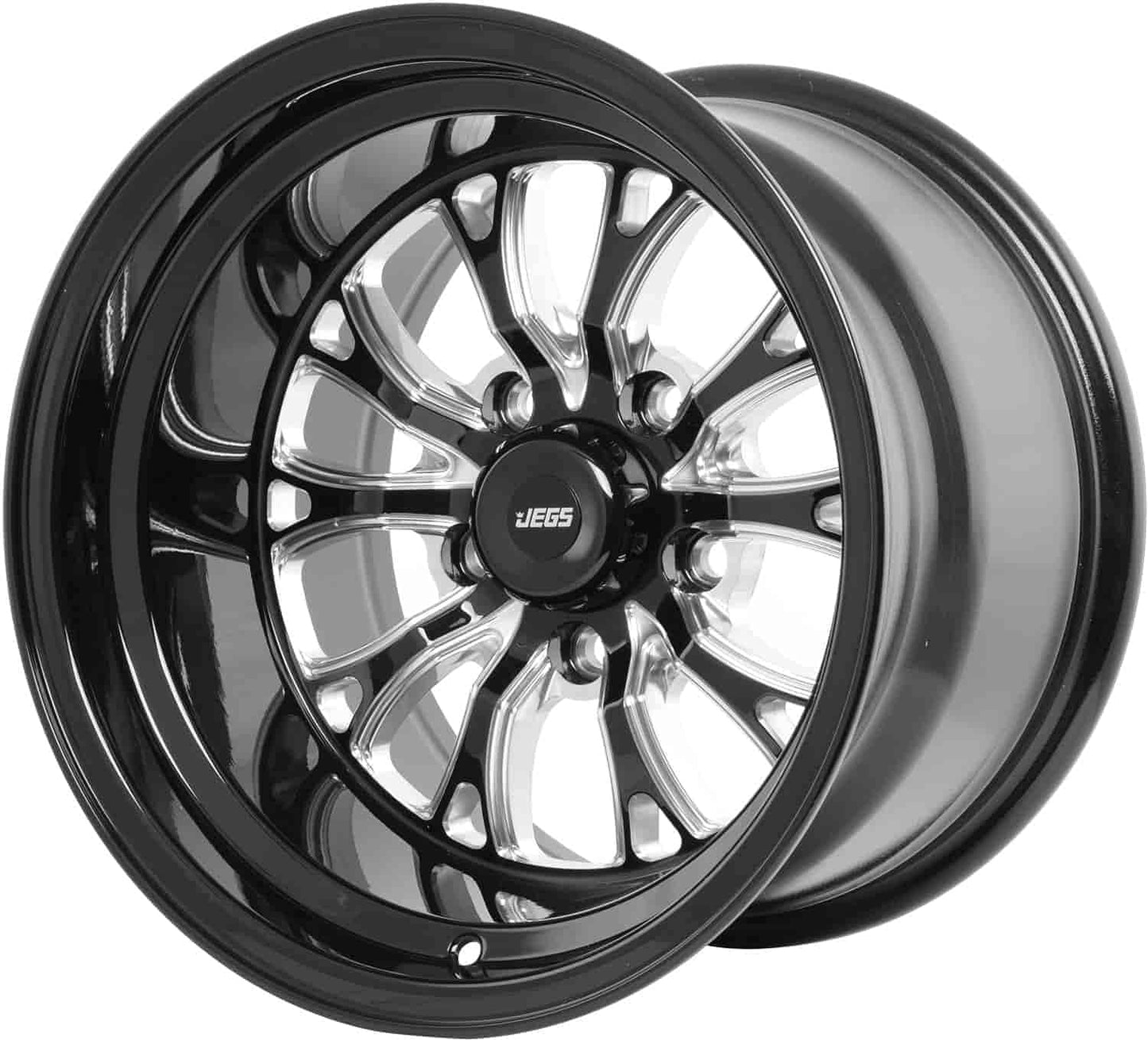 JEGS SSR Spike Wheel 15 x 10 | 5 x 4.75” Wheel Bolt Pattern Spacing | -25mm Offset | 4.5” Backspacing | Gloss Black with Milled Spoke Accents | 3.27” Center Bore