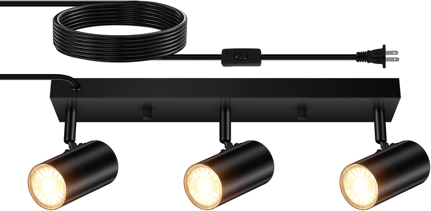 AUQUEE 3 Light Track Lighting Kit,Black 3 Way Modern Plug in Ceiling Spotlight,Industrial LED Wall Light for Kitchen Cabinet Gallery Bar Hallway Living Room,Rocker Switch,15 Foot Cord(No Bulb)