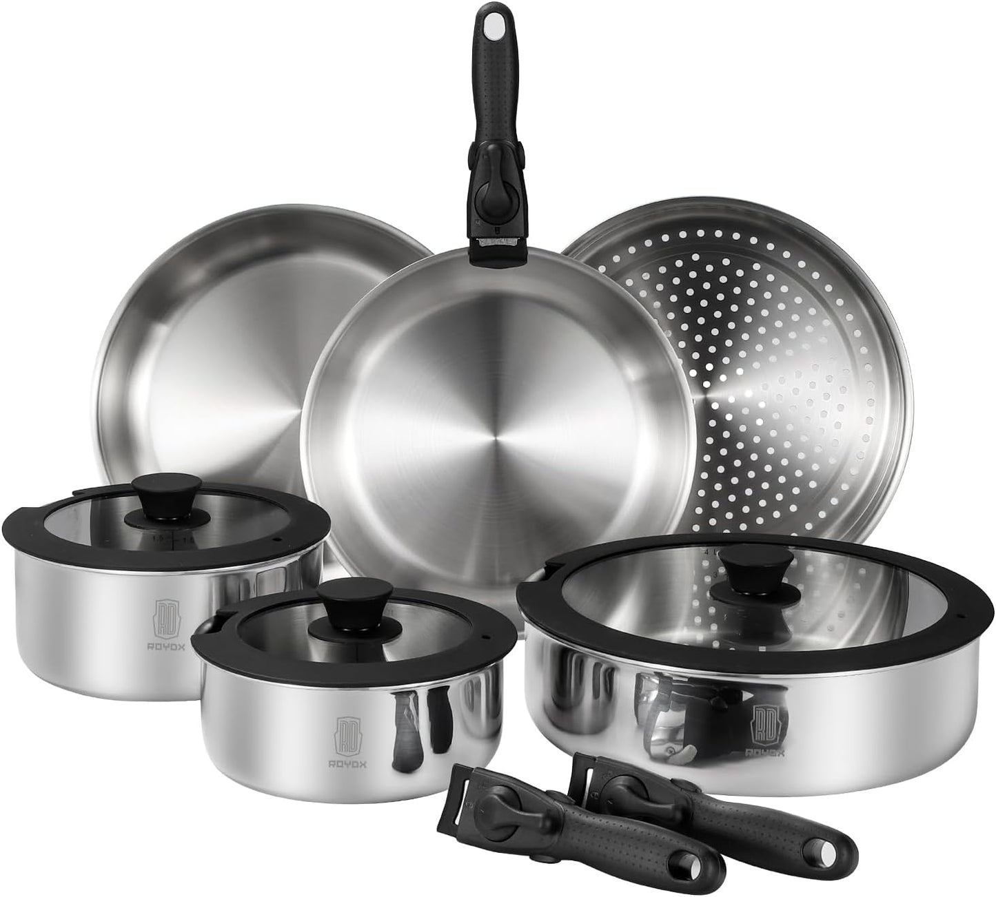 ROYDX 3-Ply Pots and Pans Set, 18\/10 Stainless Steel Kitchen Removable Handle Cookware Set,PFOA Free, for All Stoves, Suitable for Home, RV, Boat, Camping, Space Saving Induction Oven Safe