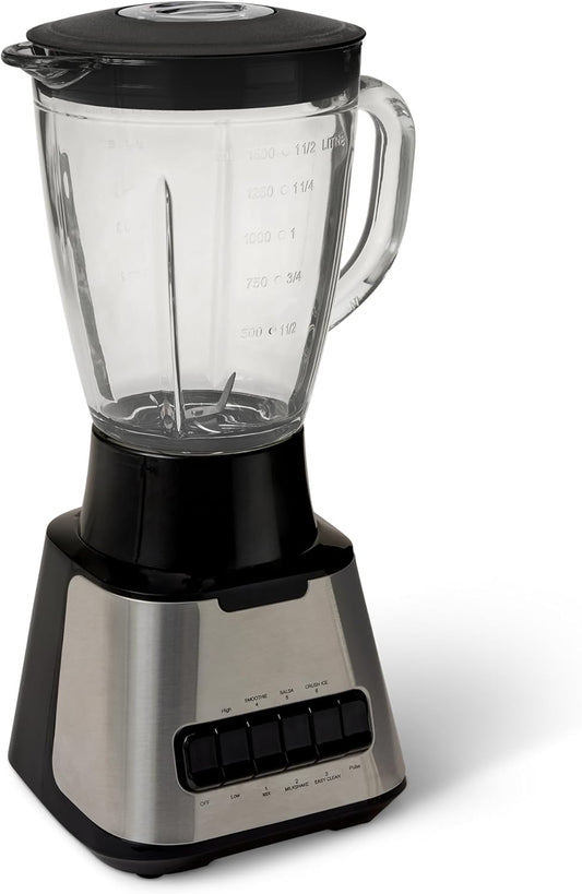 Amazon Basics 6-Cup (50 Fl. Oz) Countertop Blender, with 6 Pre-Programmed Functions, Pulse, Ice Crush, Stainless Steel Blades, Glass Jar, Up to 700W, Black & Silver