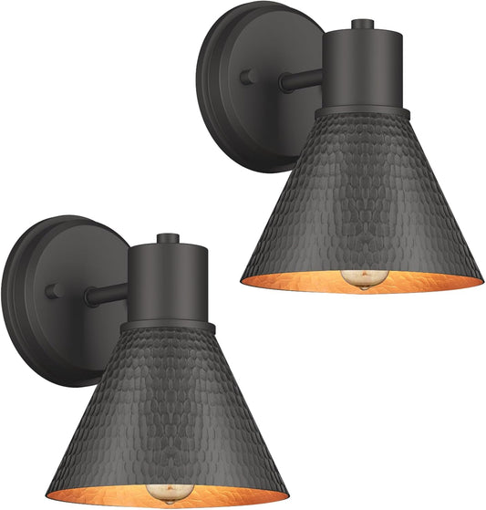 2 Pack Outdoor Wall Sconces - Wall Lights Fixture Exterior Farmhouse Porch Light with Hammered Metal Shade, Anti-Rust Waterproof Black Outside Barn Light for Front Porch Patio Garage Gazebo House