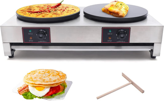 DYRABREST Double Pancake Maker Machine, 16" Commercial Dual Head Electric Crepe Maker Baking Pancake Machine Non Stick Crepe Maker Griddle for Family Kitchen, Restaurant, Street Snack