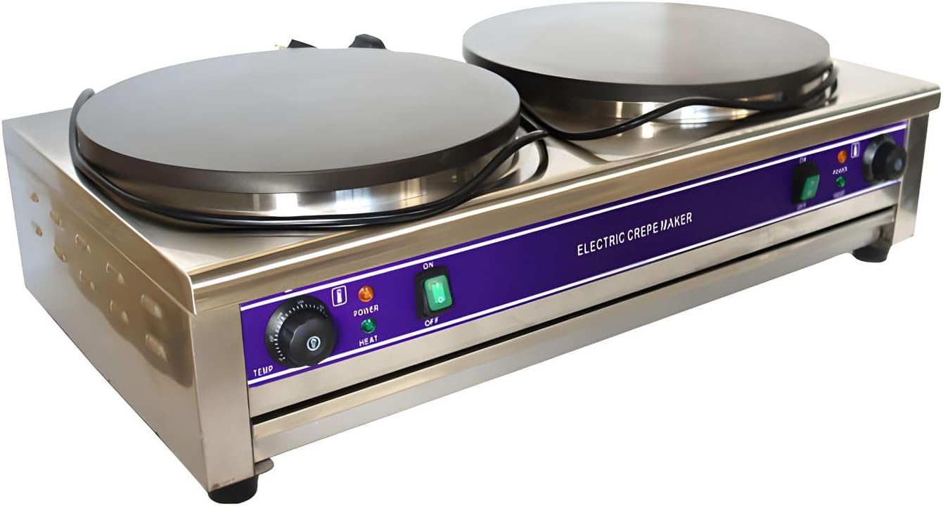 220V 3KW Electric Nonstick Crepe Pancake Maker Machine Double Head Pancake & Crepe Maker Dia 15.7in Commercial Pancake Fruit Machine for Home Restaurants Snack Stalls Canteens