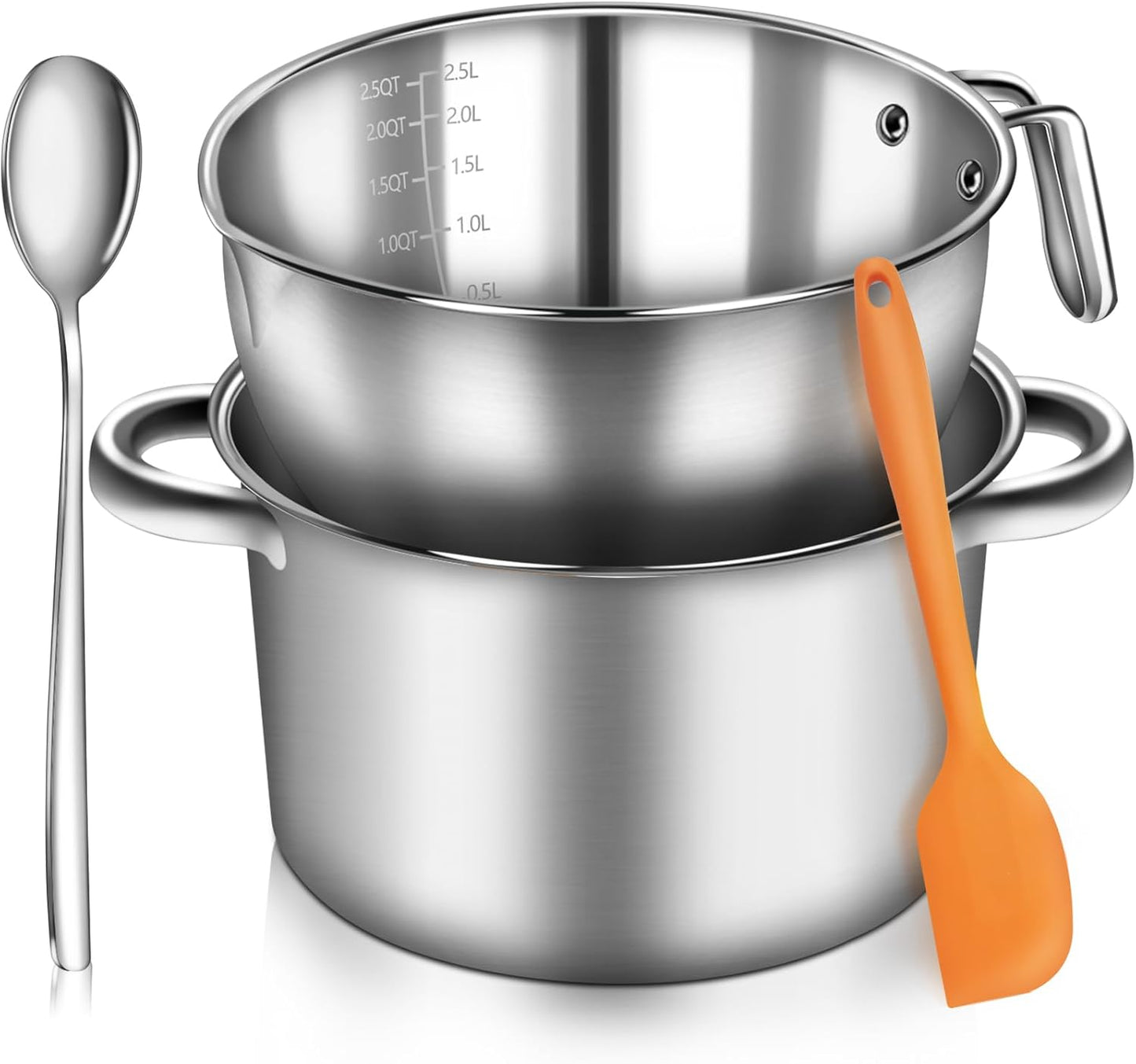 Artcome 304 Stainless Steel Double Boiler Set - 2.6QT Melting Bowl with Scale and Handle - 4.2QT Dual-Handle Pot - Stackable Water Bath Melting Pot Set for Butter, Chocolate, Wax, Sugar, Candle