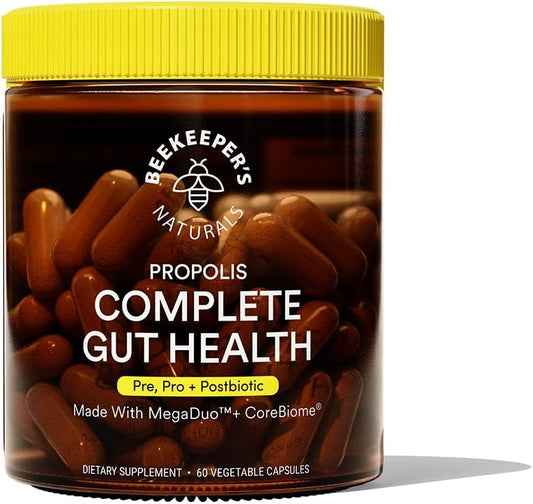 Beekeeper's Naturals Complete Gut Health, 3-in-1 Prebiotic, Postbiotic, Probiotics for Digestive Health & Bloating Relief for Women & Men, Propolis Powered, Gluten-Free Vegan Capsules, 60ct