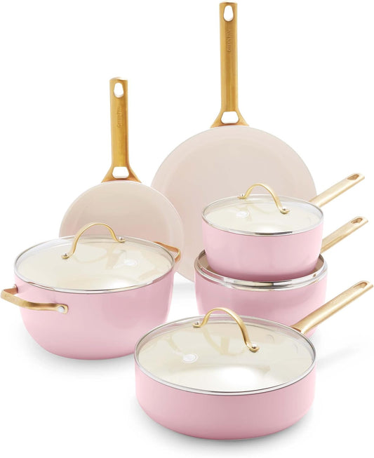 GreenPan Hard Anodized Healthy Ceramic Nonstick 10 Piece Cookware Pots and Pans Set, Gold Handle, PFAS-Free, Dishwasher Safe, Oven Safe, Blush Pink