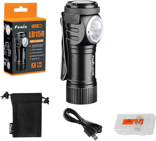 Fenix LD15R Right-Angle Flashlight, 500 Lumen Rechargeable White & Red LEDs Ultra Compact Mini Size, with Clip and LumenTac Organizer
