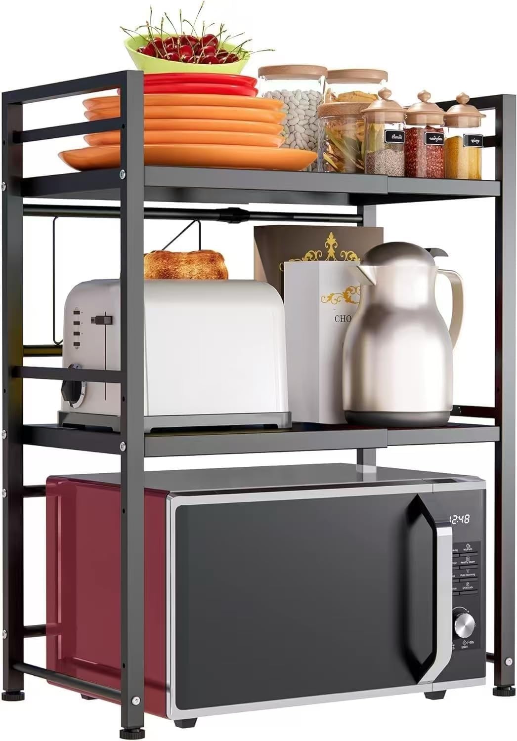 DOLALIKE Expandable Microwave Rack, Countertop Kitchen Utensils Tableware Storage, Carbon Steel 3 Tier Shelf with 3 Hooks