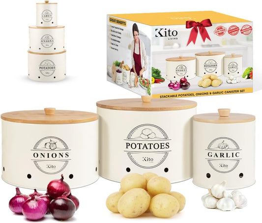 Kito LIVING Canister Sets for Kitchen Counter with Wooden Bamboo Lids, Kitchen Canisters for Countertop, Stackable Steel Farmhouse Canisters for Potato Storage, Onion and Potato Storage Bins - Cream