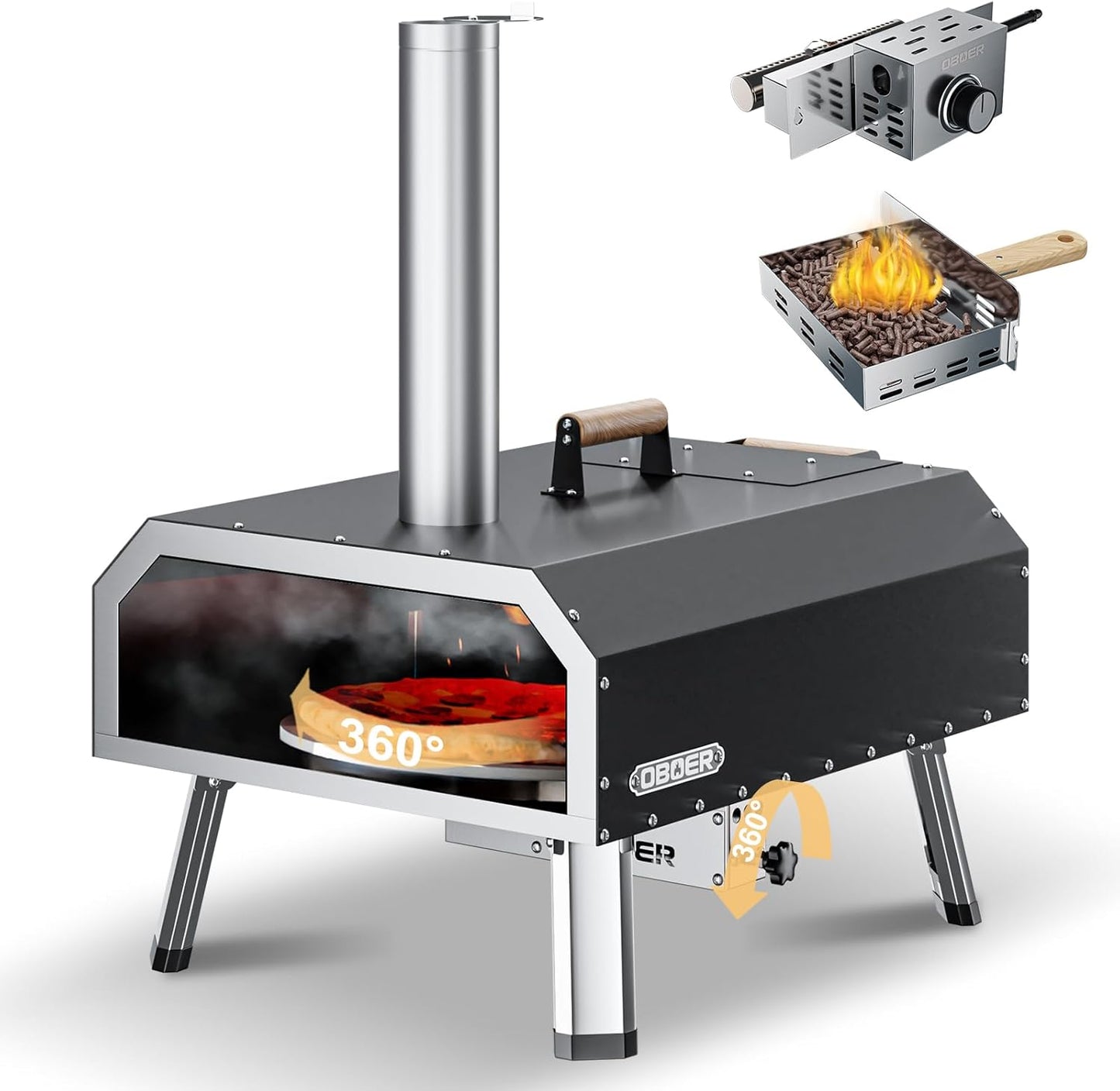 ABORON Pizza Oven,16'' Multi-Fuel Rotatable Outdoor Pizza Ovens, Wood Fired and Gas Portable Pizza Oven,Stainless Steel 3-Layer Pizza Maker with Built-in Thermometer,Pizza Cutter & Carry Bag