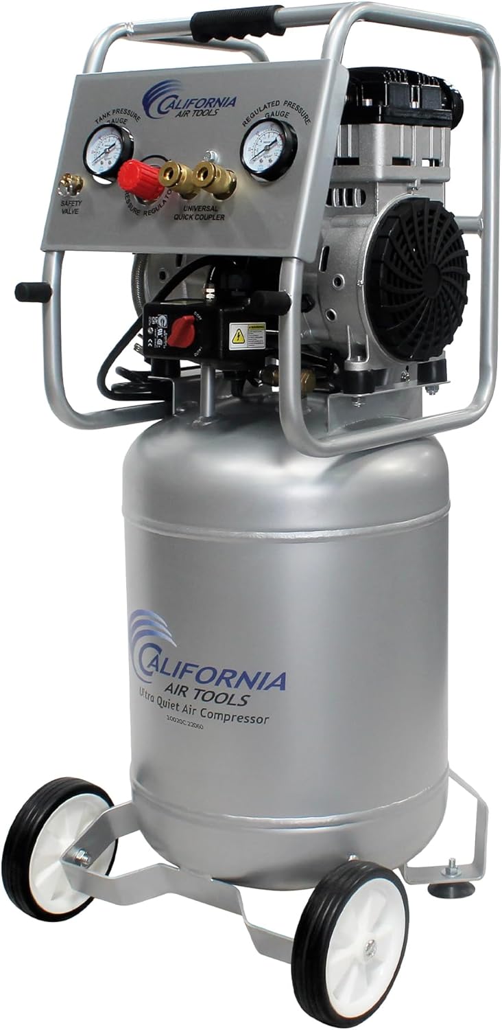 California Air Tools 10020C-22060 2.0 HP Ultra Quiet and Oil-Free Air Compressor, 10 Gallon Steel Tank with Wheels, 70 dBA Noise Level, 220 Volt