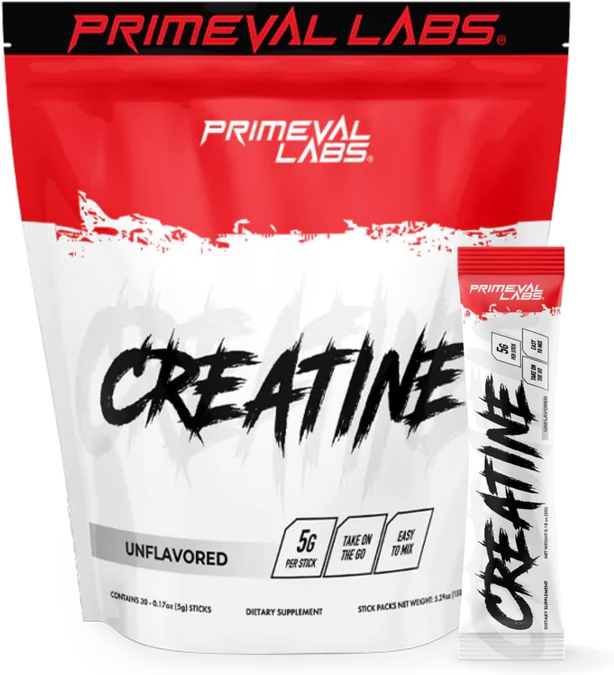 Primeval Labs Creatine Monohydrate Powder | On The Go Stick Packs | Micronized Creatine | Instantized Creatine | Creatine for Men & Women | 5g Creatine per Serving | 30 Servings, (Unflavored)