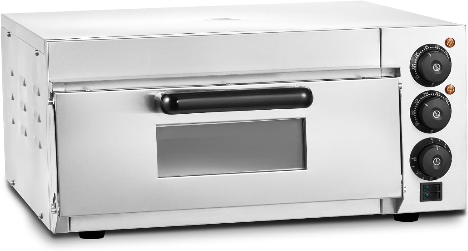 Happybuy Commercial Pizza Oven Countertop, 16" Single Deck Stainless Steel Electric Pizza Oven with Stone & Handle, Multipurpose Indoor Pizza Maker for Restaurant & Home, Pretzels & Baked Goods