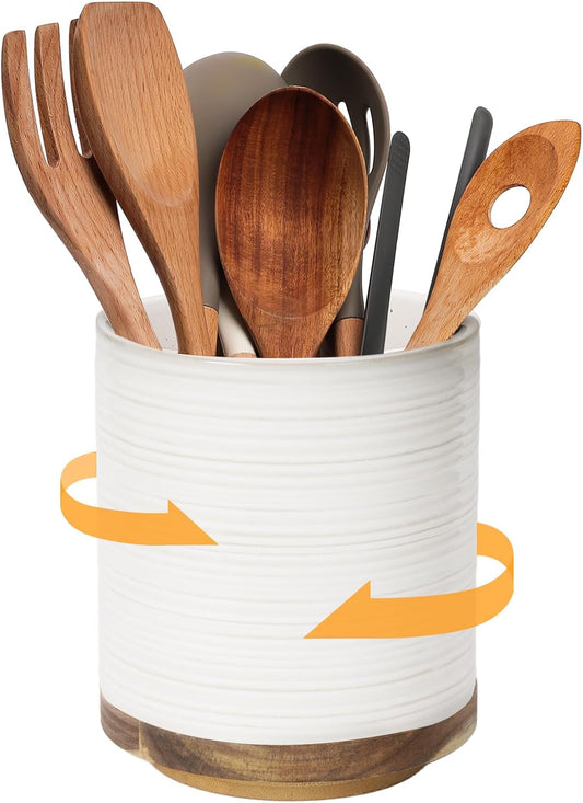 DOWAN 360° Rotating Extra Large Cooking Utensil Holder, 7.6" Kitchen Utensil Holder for Countertop, Utensil Crock for Farmhouse Kitchen Decor, Ceramic Stable Utensil Caddy, Soft White
