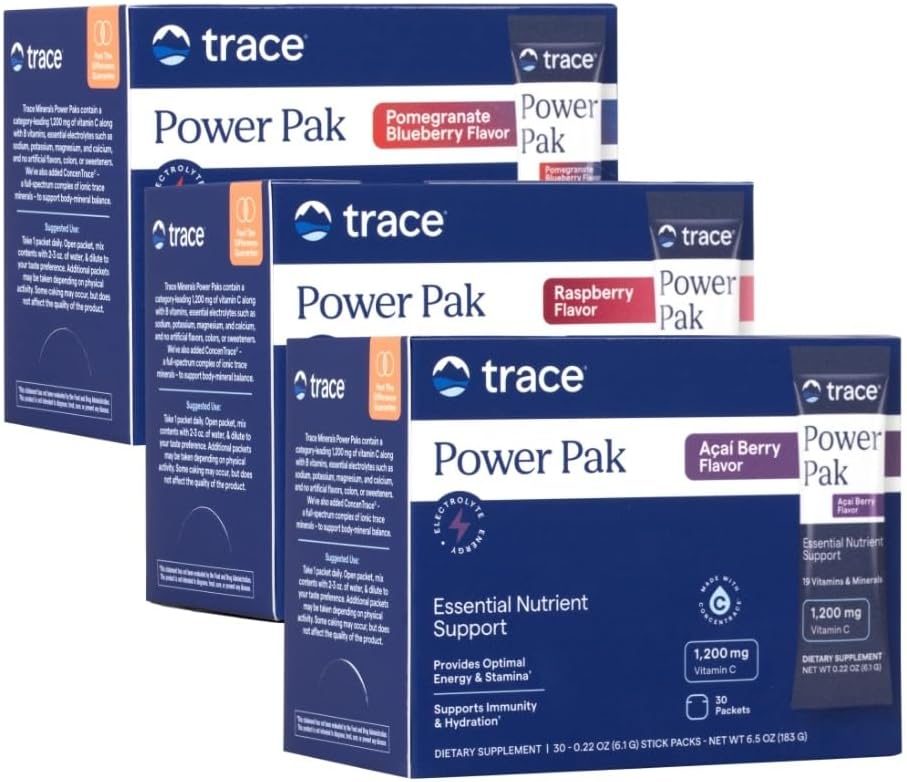 Trace Minerals Power Pak - Daily Health Supplement with Vitamins & Minerals - Supports Immune Health & Hydration - Pomegranate Blueberry, Raspberry, Acai Berry (30 Servings)
