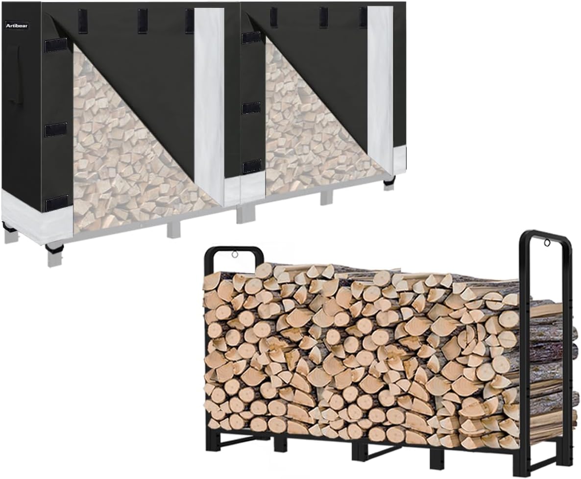 Artibear 8ft Firewood Rack with Waterproof Wood Pile Cover for Outside, Log Rack with Cover for Firewood, Bright Black Wood Holder