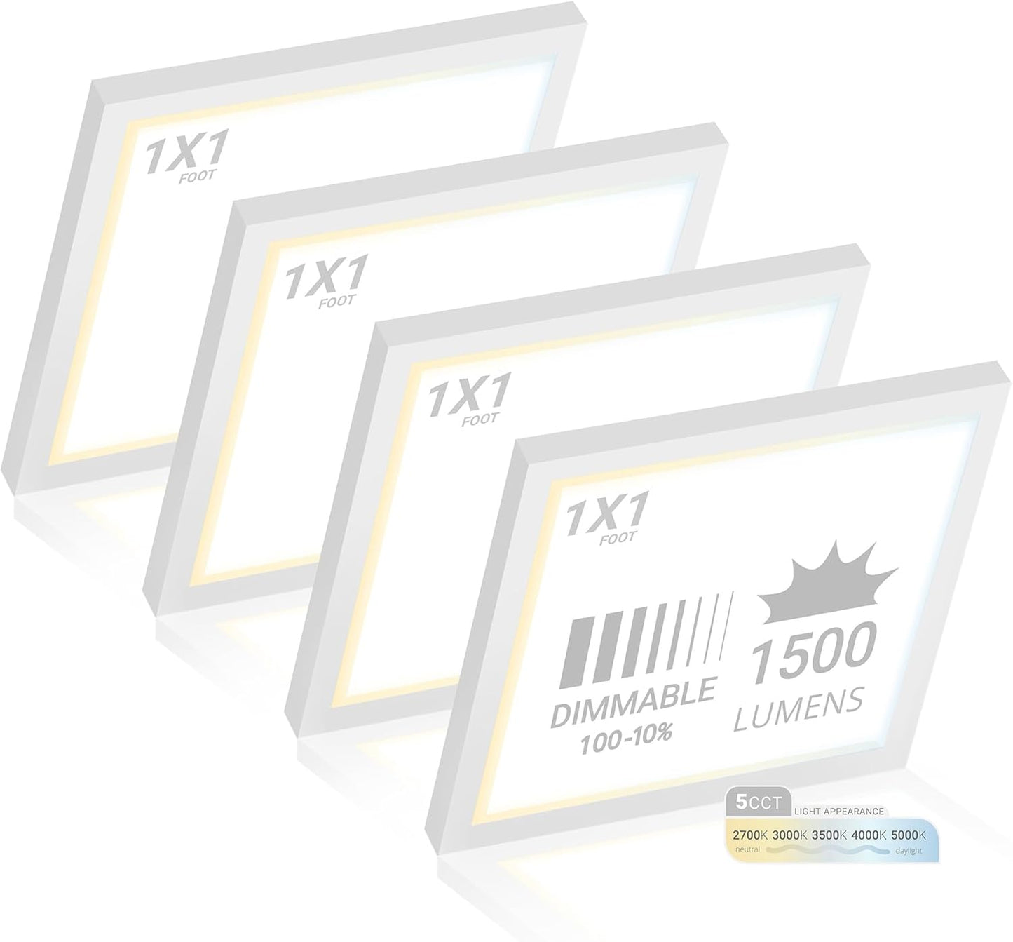 NUWATT 4 Pack, 1x1 Flat Panel LED Square Light, 5CCT 2700K/3000K/3500K/4000K/5000K Selectable, 1500LM 18W, Internal Driver, Dimmable, 120V, CRI90, 12" Inch Square Surface Mount Ceiling Light, 1" Thick
