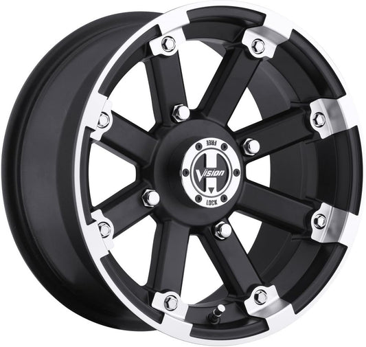 VISION WHEEL - 393 lock out - 12 Inch Rim x 8 - (4x110) Offset (-10.2) Wheel Finish - matte black machined lip with chrome hex bolt inserts