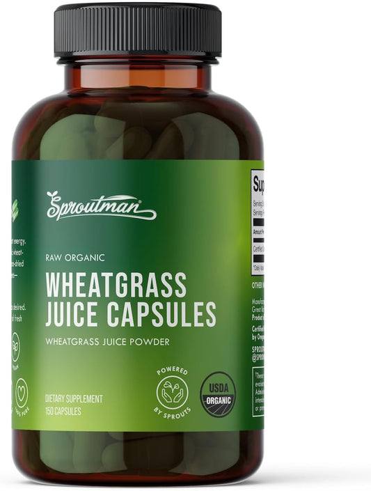Organic Wheatgrass Juice Powder Capsules by Sproutman - 100% Pure Wheatgrass - Aids Digestion - High in Vitamins, Antioxidants, Chlorophyll, Enzymes, Minerals & Energy (150 Pills)
