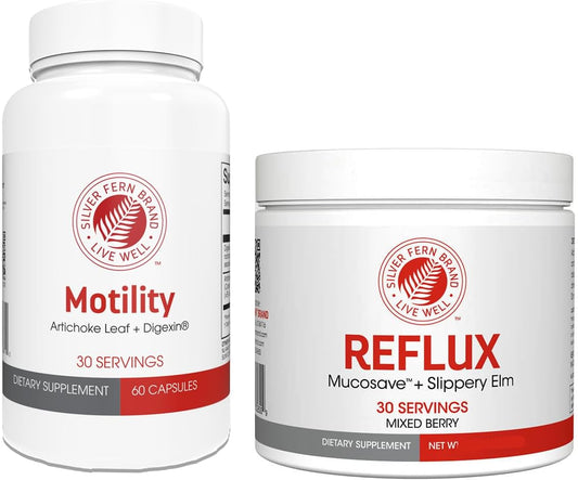 Silver Fern Brand Slow Motility+ Kit \u2013 Digestive Support Bundle \u2013 30-Day Supply \u2013 Berry Flavor Powder, Capsules \u2013 Artichoke Leaf, Okra, Ashwagandha, MucoSave \u2013 No Artificial Ingredients \u2013 Made in USA