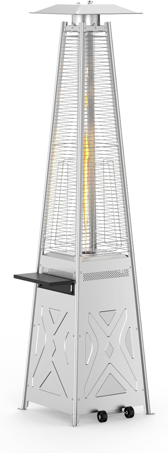 48,000 BTU Pyramid Patio Heater, Outdoor Propane Heater with Quartz Glass Tube and Two Wheels, Stainless Steel Commercial & Residential Heater with Beverage Holder and Anti-Tip Safety Design