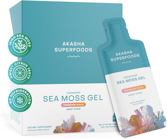 Irish Sea Moss Gel, Liposomal Seamoss with Irish Sea Moss, Vitamin E, Citrus, Organic Vanilla, Glycerin, Skin, Energy & Gut Health Support for Women & Men, Sweet Citrus Flavor, 30 Ct