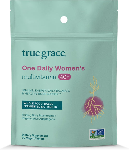 True Grace One Daily Women\u2019s Multivitamin 40+ Fermented Minerals, Organic Adaptogens & Mushrooms Energy, Immune, Bone Support - Non-GMO - Iron, Gluten & Soy Free - 90 Vegan Tablets