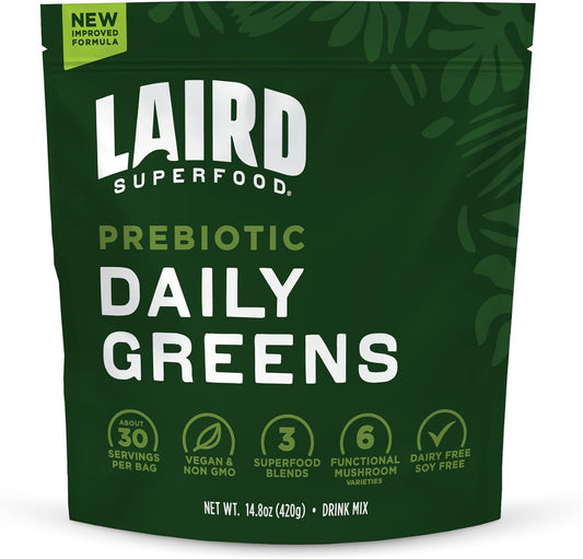 Laird Superfood Prebiotic Daily Greens Powder \u2013 Essential Vitamins & Minerals - Prebiotic Fiber, Adaptogen and Fruits & Vegetables \u2013 Supports Gut Health \u2013 Non-GMO, Vegan - 14.8 oz Bag, Pack of 1