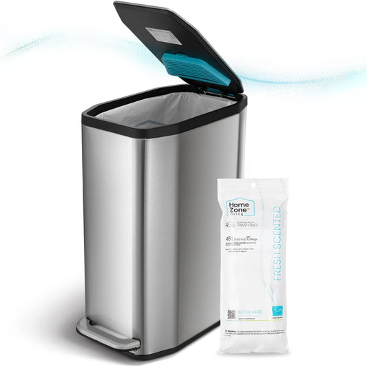 Home Zone Living 13 Gallon Slim Kitchen Trash Can with CleanAura Odor Control, Stainless Steel, Silver, 50 Liters