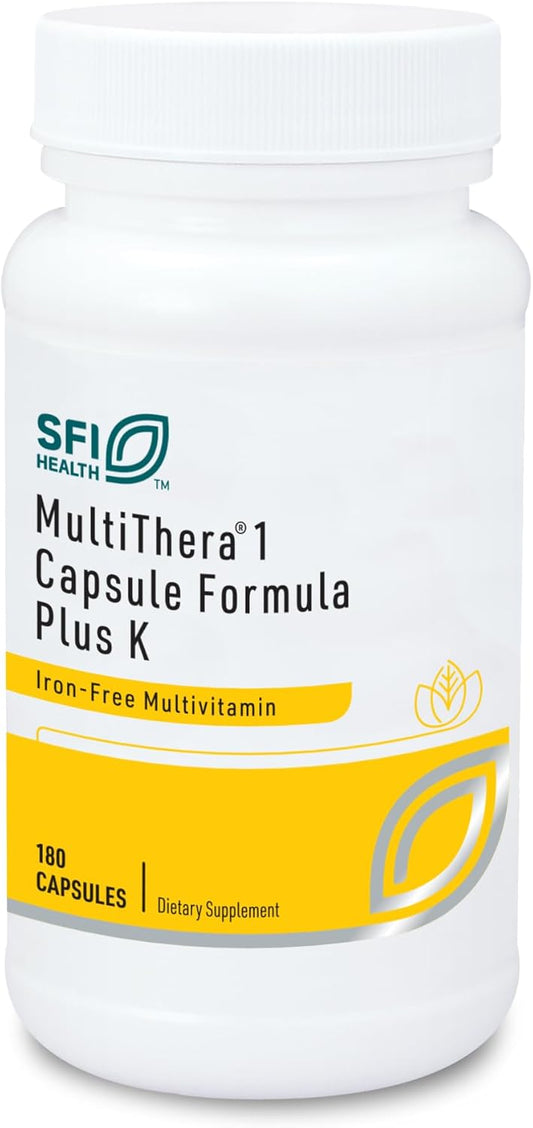 Klaire Labs SFI Health MultiThera 1 Plus K Iron-Free Multivitamin & Multimineral Capsule Formula with Vitamin K1 & K2 - High Potency with Active Folate, No Iron (180 Capsules)