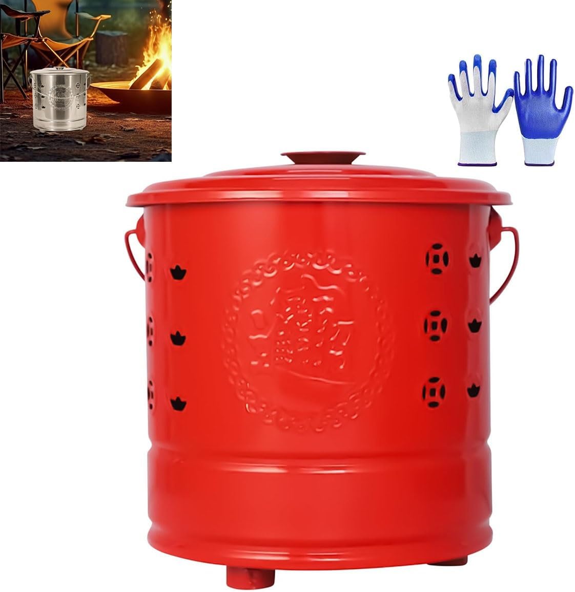 Burn Barrels for Outside, Hollow-Out Paper Burner with Lid, Stainless Steel Paper Burn Bucket, Portable Paper Burner Stainless SteelBarrel Incinerator, for Outside for Burning Trash(Red)