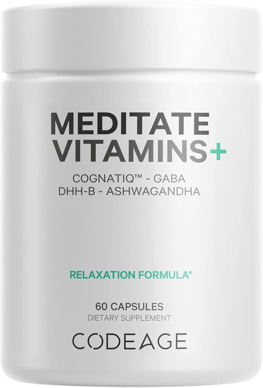 Codeage Meditate Vitamins+ Supplement - CognatiQ, DHH-B, GABA, Ashwagandha, Organic Mushrooms, Blueberries - BDNF Brain Pills and Neuroprotein - Vegan, Non-GMO, Gluten-Free - 60 Capsules