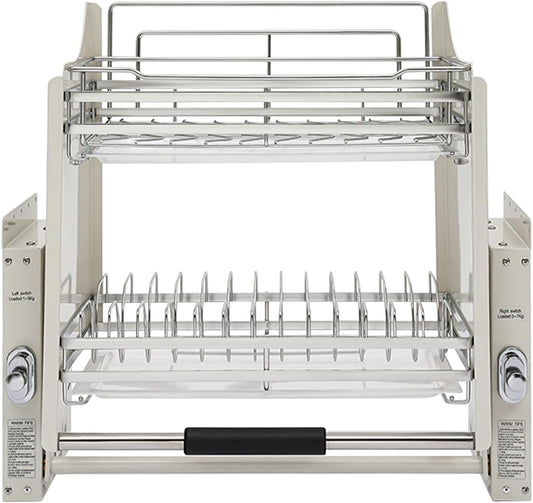 Pull Down Cabinet Organizer, 2 Tiers Spice and Dishes Pull Out Cabinet Storage Shelf, Pull-Down Dish and Spice Rack System for Kitchen Appliance